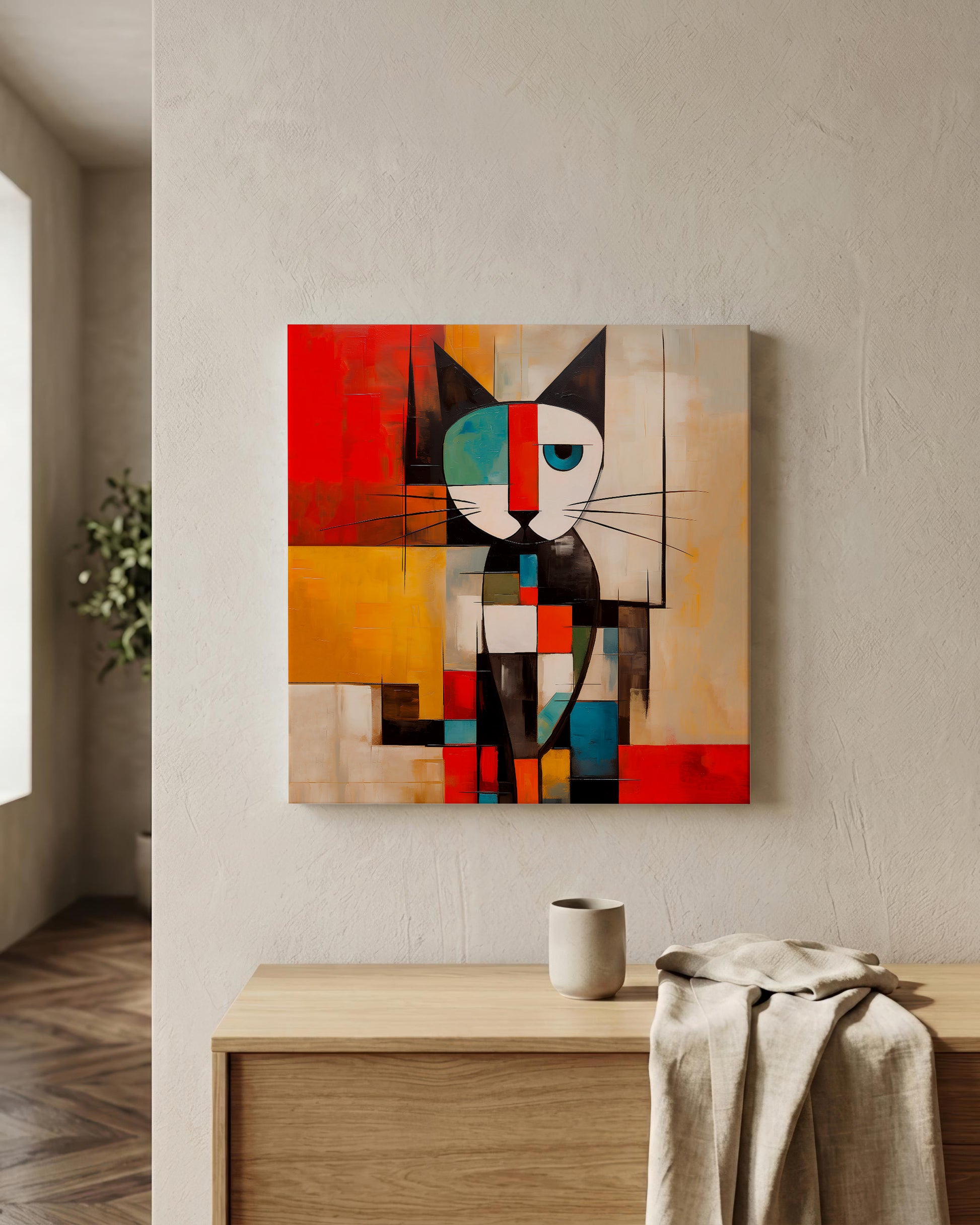 A square abstract canvas painting of a cat hangs on a textured beige wall above a light wood console table. The painting features a stylized cat made of geometric blocks in red, orange, yellow, black, white, and blue.