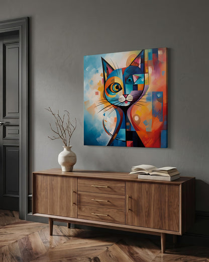 A colorful abstract canvas painting of a cat hangs on a gray wall above a mid-century modern wooden credenza in a styled room setting.