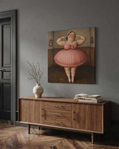 A canvas art print depicting a stylized, vintage-film portrait of a woman in a pink tutu, displayed on a gray wall above a mid-century modern wooden sideboard in a living room setting.