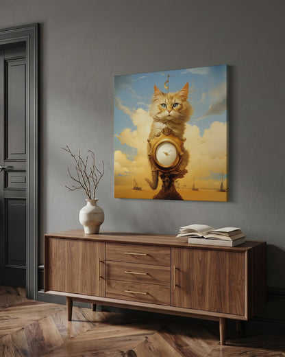 A framed wall art print showing a surreal orange tabby cat perched on a clock against a blue sky and golden landscape, displayed above a wooden sideboard in a modern room with a vase and books.