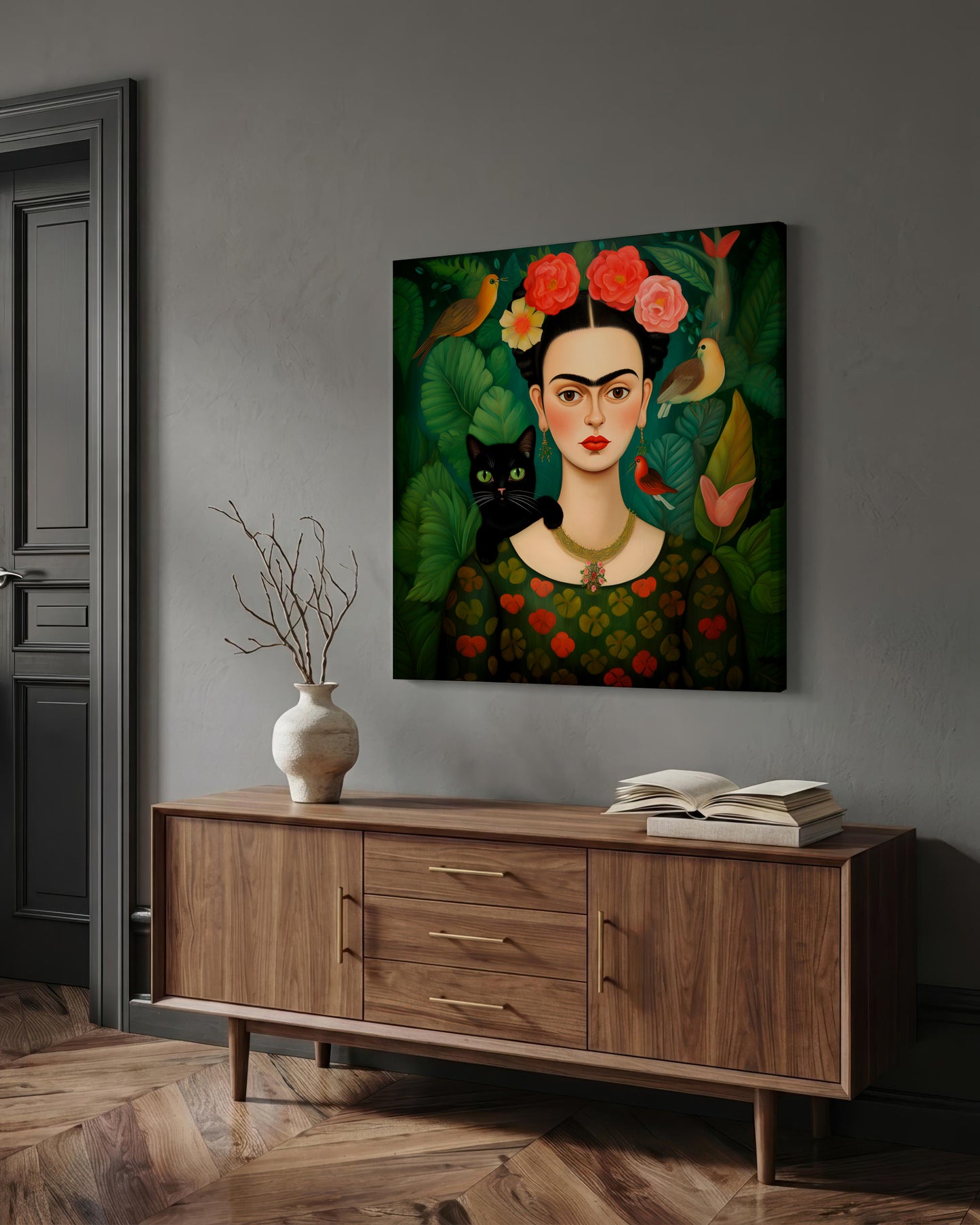 A framed wall art print depicting a stylized portrait of Frida Kahlo with flowers in her hair, a black cat, and green tropical leaves, displayed above a wooden console table in a modern gray living room.
