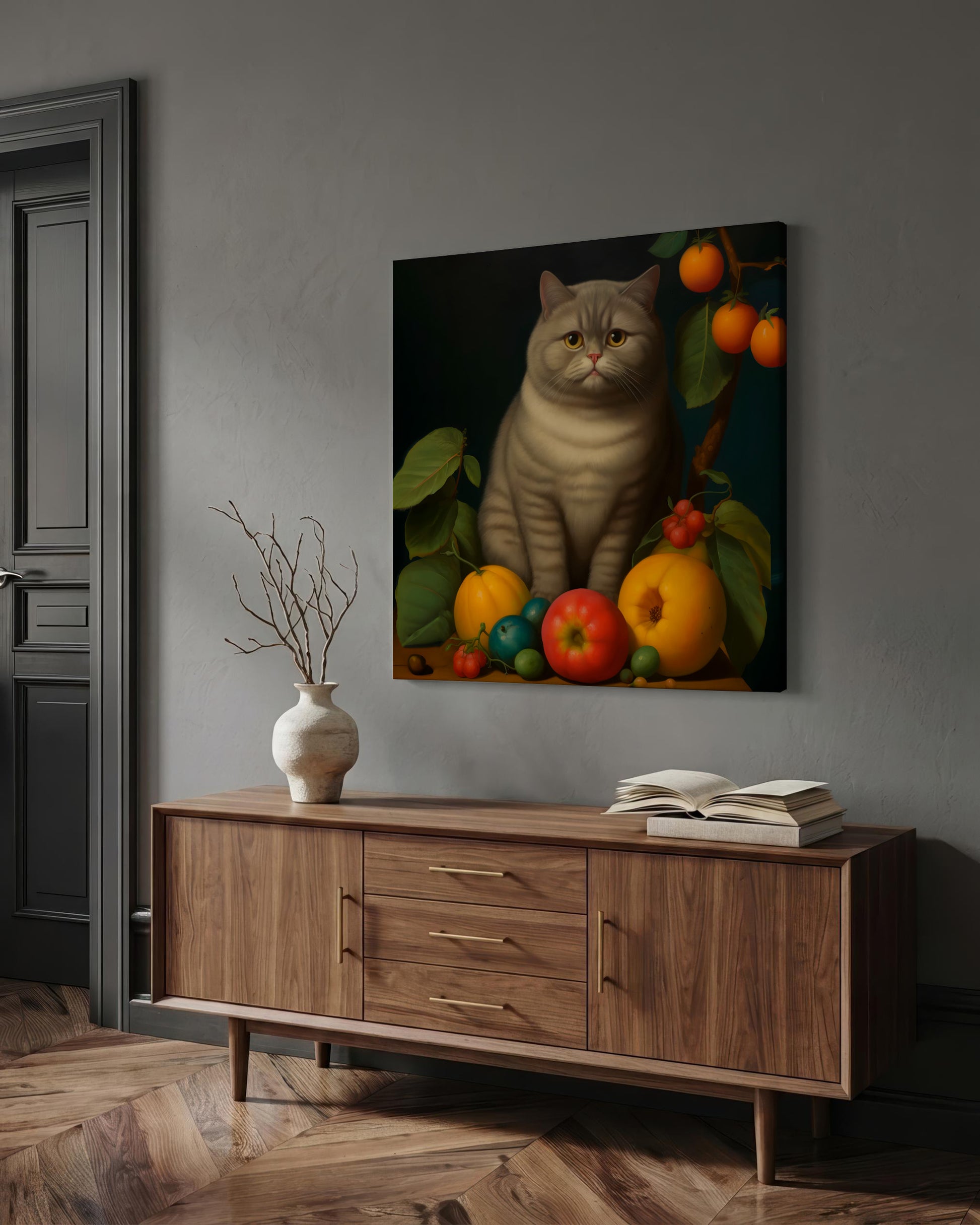 A framed wall art print depicting a gray cat surrounded by colorful fruits, displayed above a wooden sideboard in a styled room with a vase and books.