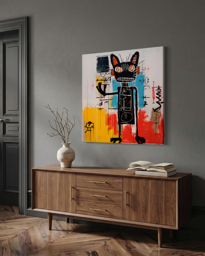 A colorful abstract canvas print featuring a stylized black cat with red, yellow, and blue details, displayed on a dark gray wall above a wooden sideboard with a vase and books.