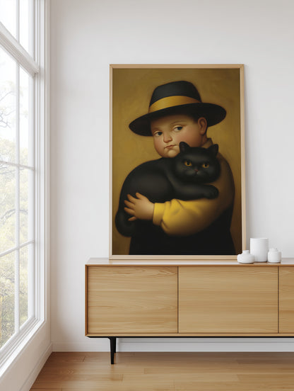 Framed artwork of a boy holding a black cat on a wall above a wooden cabinet.