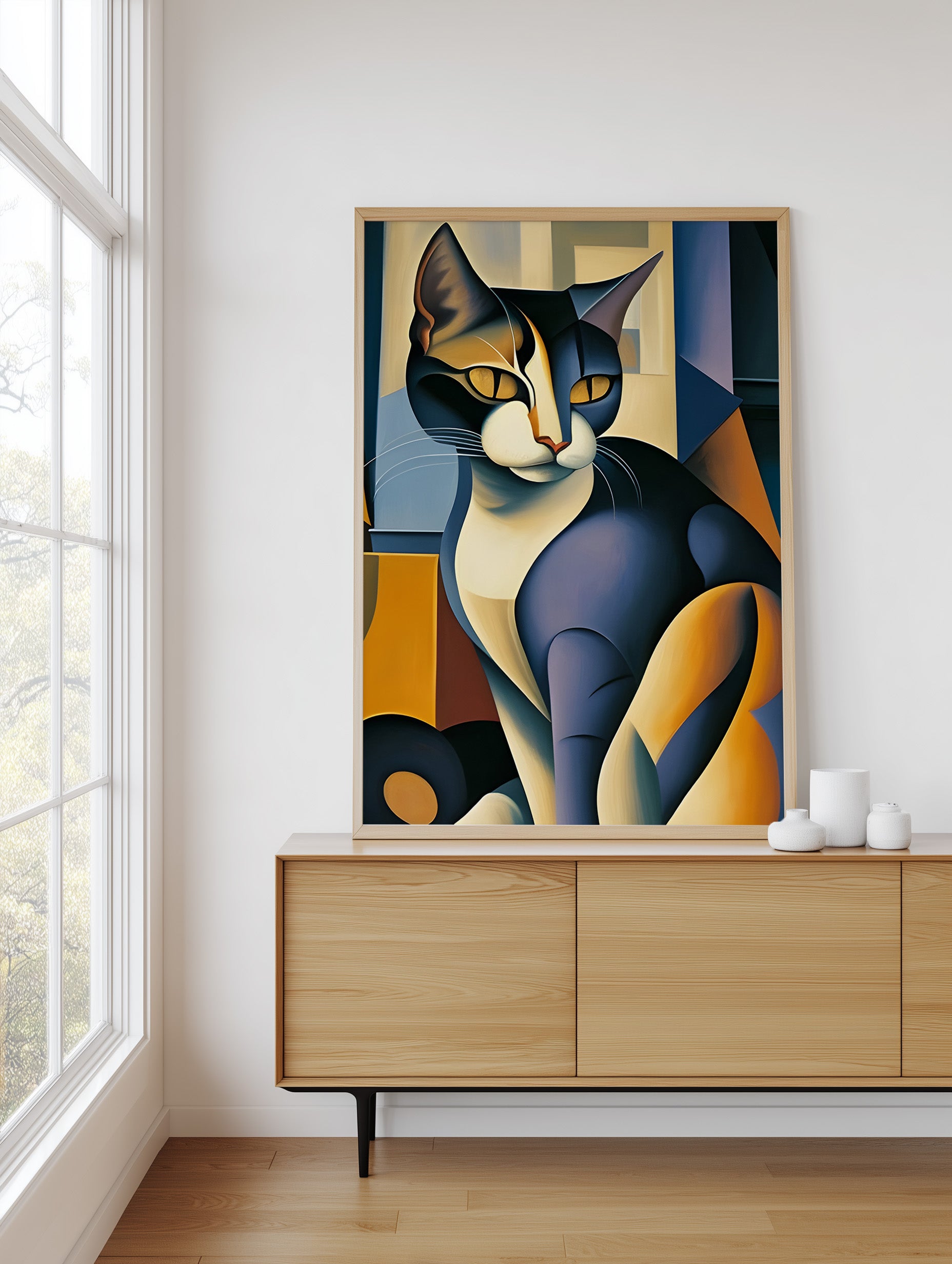 A framed art print of a cubist-style cat in navy, cream, yellow, and orange tones, displayed on a light wood console table in a bright room next to a window.