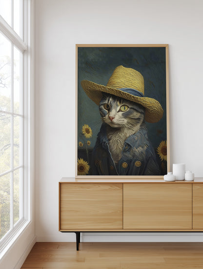 A framed vertical art print of a cat dressed as a sunflower painter, wearing a straw hat and blue jacket, displayed on a light wood console table in a bright room next to a window.