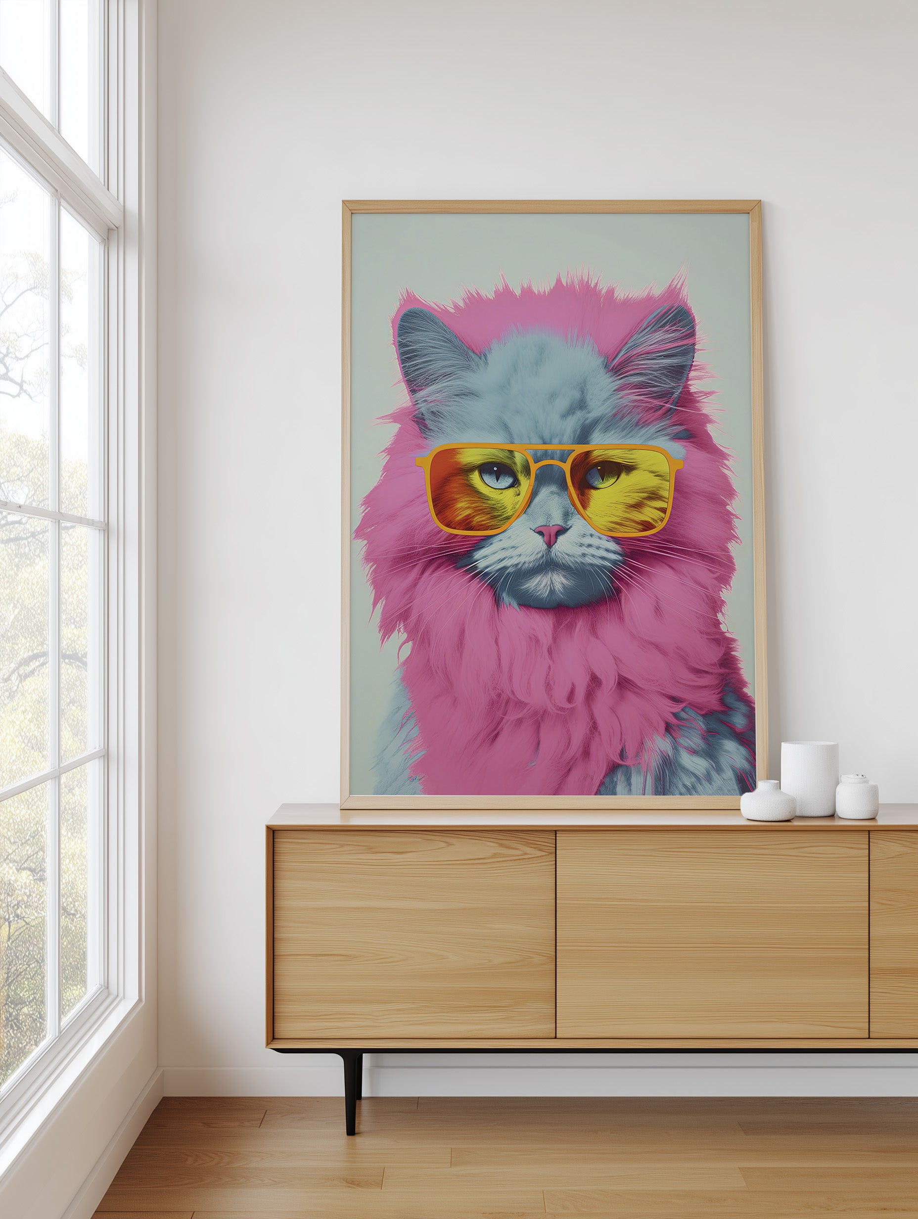 A framed art print of a fluffy gray cat wearing pink fur and yellow sunglasses, displayed on a light wood console table in a bright room next to a window.