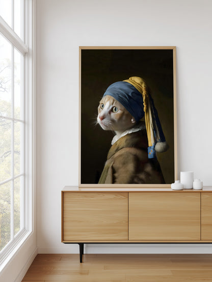 A framed art print of a cat in the style of Vermeer'sGirl with a Pearl Earring is displayed on a light wood console table in a bright, modern room next to a window.