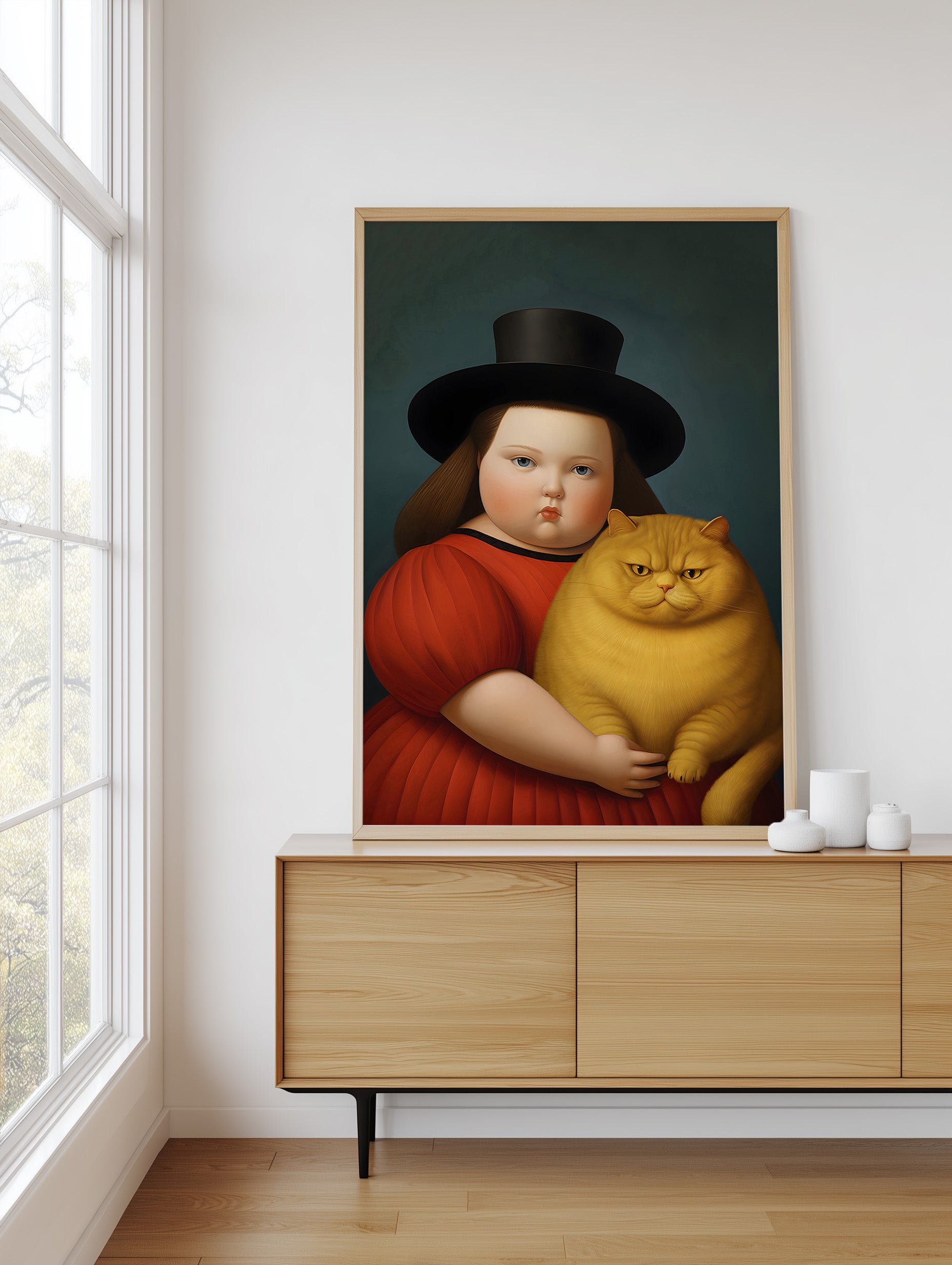 Framed artwork of a person in a red dress holding a cat on a wooden cabinet.