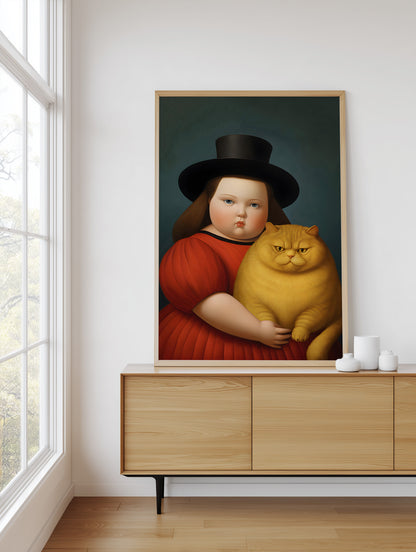 Framed artwork of a person in a red dress holding a cat on a wooden cabinet.