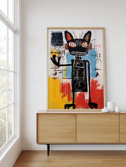 A framed abstract art print featuring a stylized black cat with orange eyes and red, yellow, and blue paint splashes, displayed on a light wood console table in a bright room next to a window.