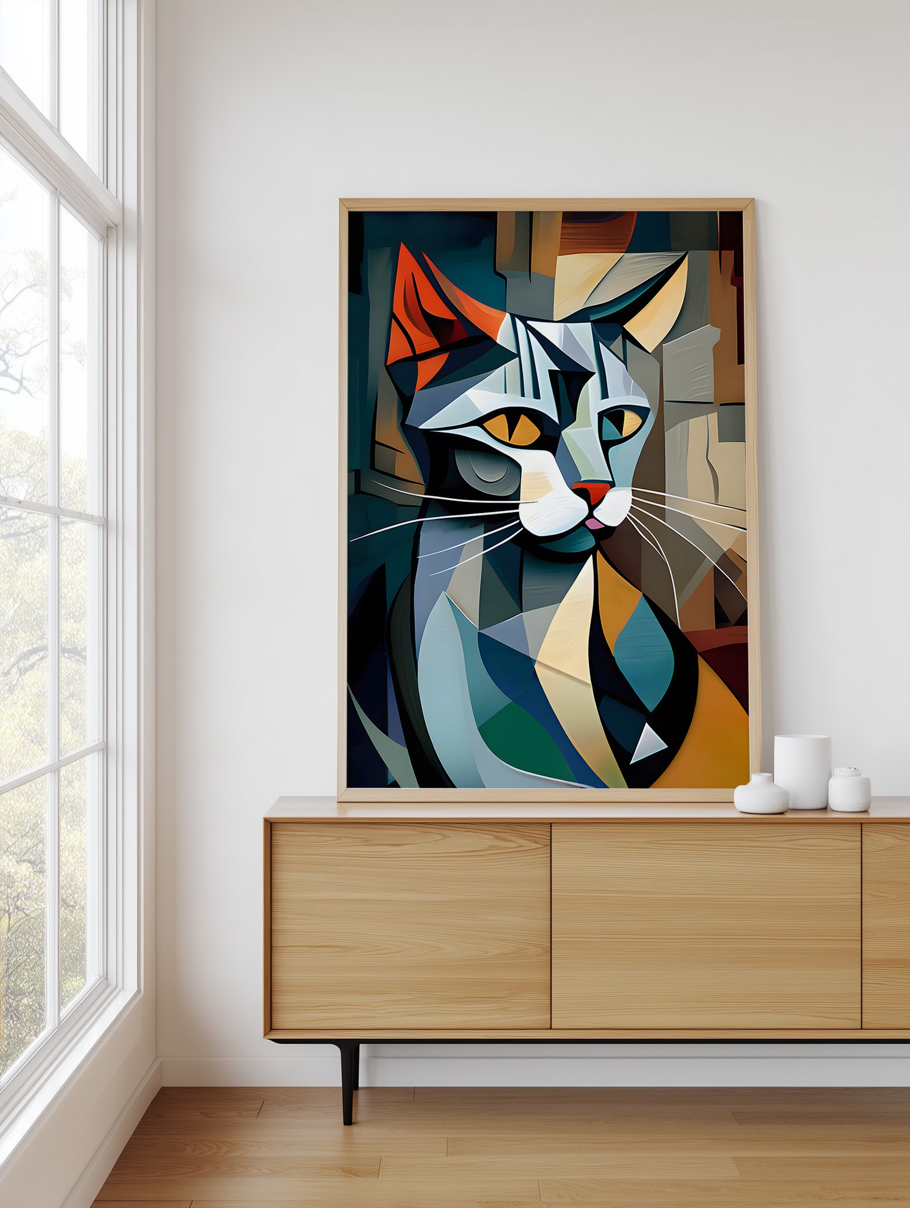 Colorful abstract cat painting on a wall above a wooden cabinet.