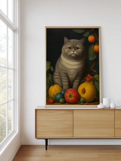 A framed vertical art print depicting a gray tabby cat surrounded by colorful fruits, displayed on a light wood sideboard in a bright room next to a window.