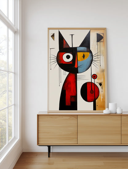 A framed abstract cat painting in a minimalist room setting, displayed on a light wood sideboard next to a window.
