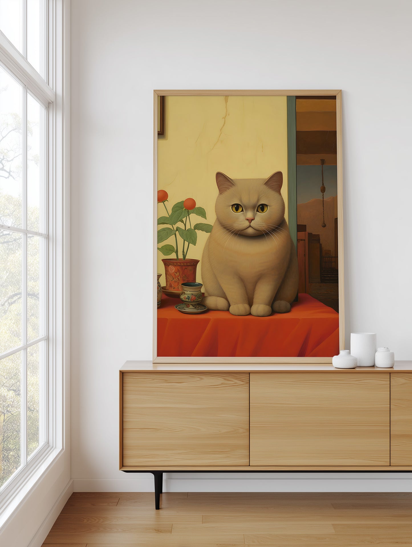 A framed art print featuring a beige cat sitting on an orange-red tablecloth, displayed on a light wood console table in a modern room next to a window.
