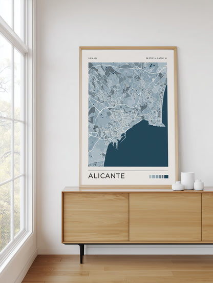 Impression Carte de la ville d'Alicante | Art mural de voyage en Espagne | Cadeau de pendaison de crémaillère et de voyage