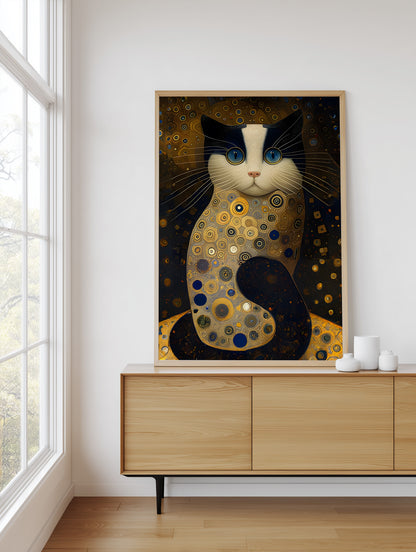 A framed art print of a black and white cat with blue eyes and gold circular patterns, displayed on a light wood console table in a bright room next to a window.