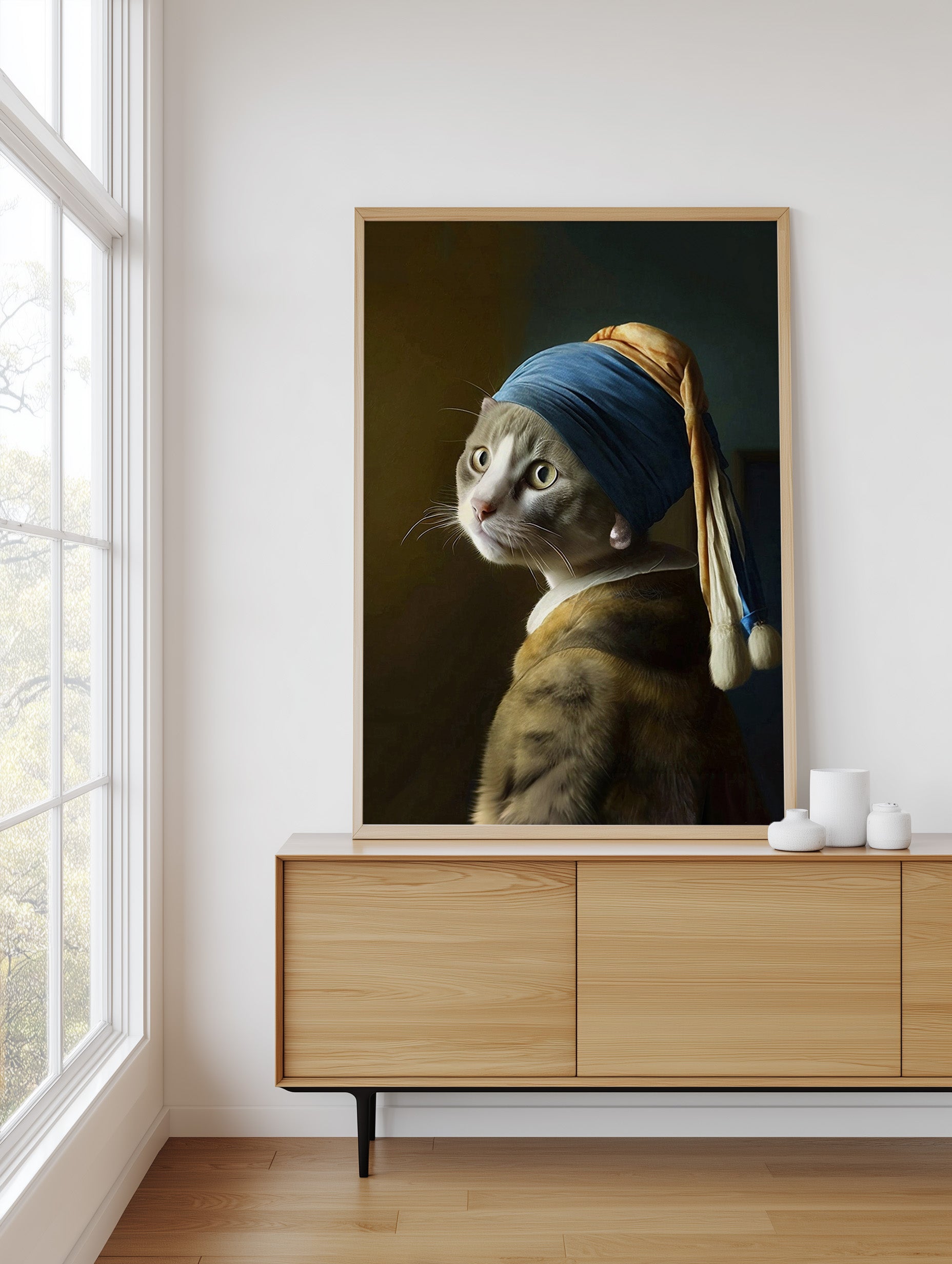 A framed art print of a cat styled as Vermeer's Girl with a Pearl Earring, displayed on a light wood sideboard in a modern room next to a window.