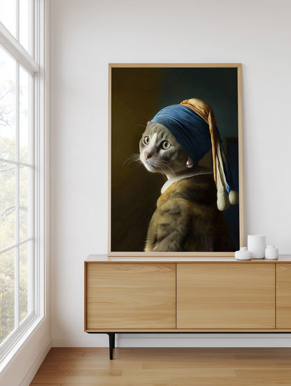 A framed art print of a cat styled as Vermeer's Girl with a Pearl Earring, displayed on a light wood sideboard in a modern room next to a window.
