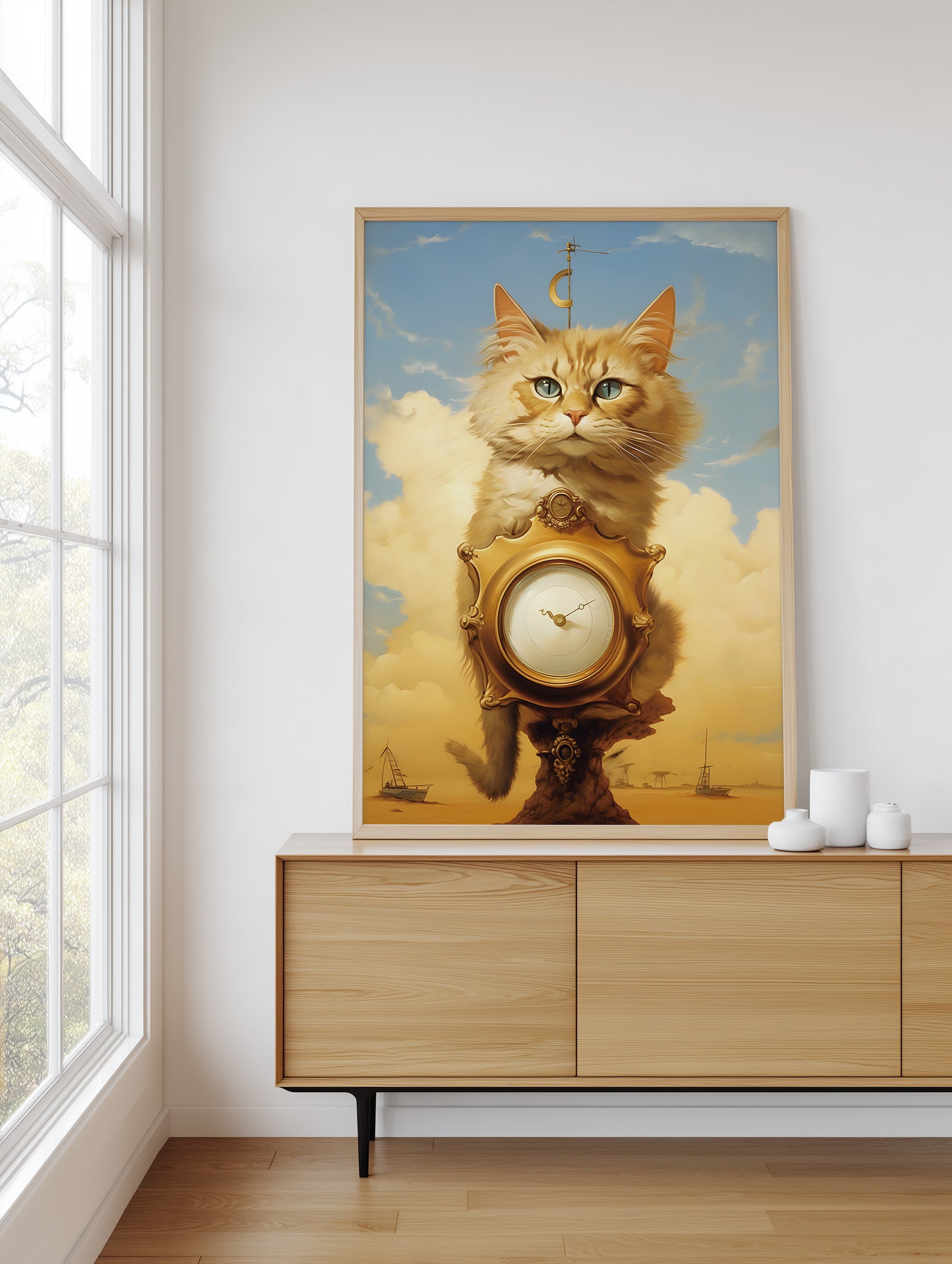 A framed art print featuring a fluffy orange cat perched on a clock against a sky and cloud background, displayed on a light wood sideboard in a bright room next to a window.