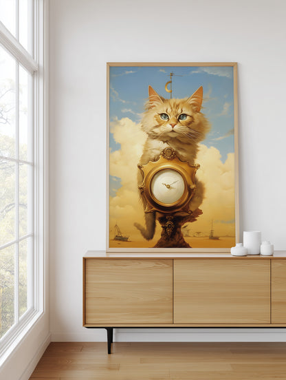 A framed art print featuring a fluffy orange cat perched on a clock against a sky and cloud background, displayed on a light wood sideboard in a bright room next to a window.