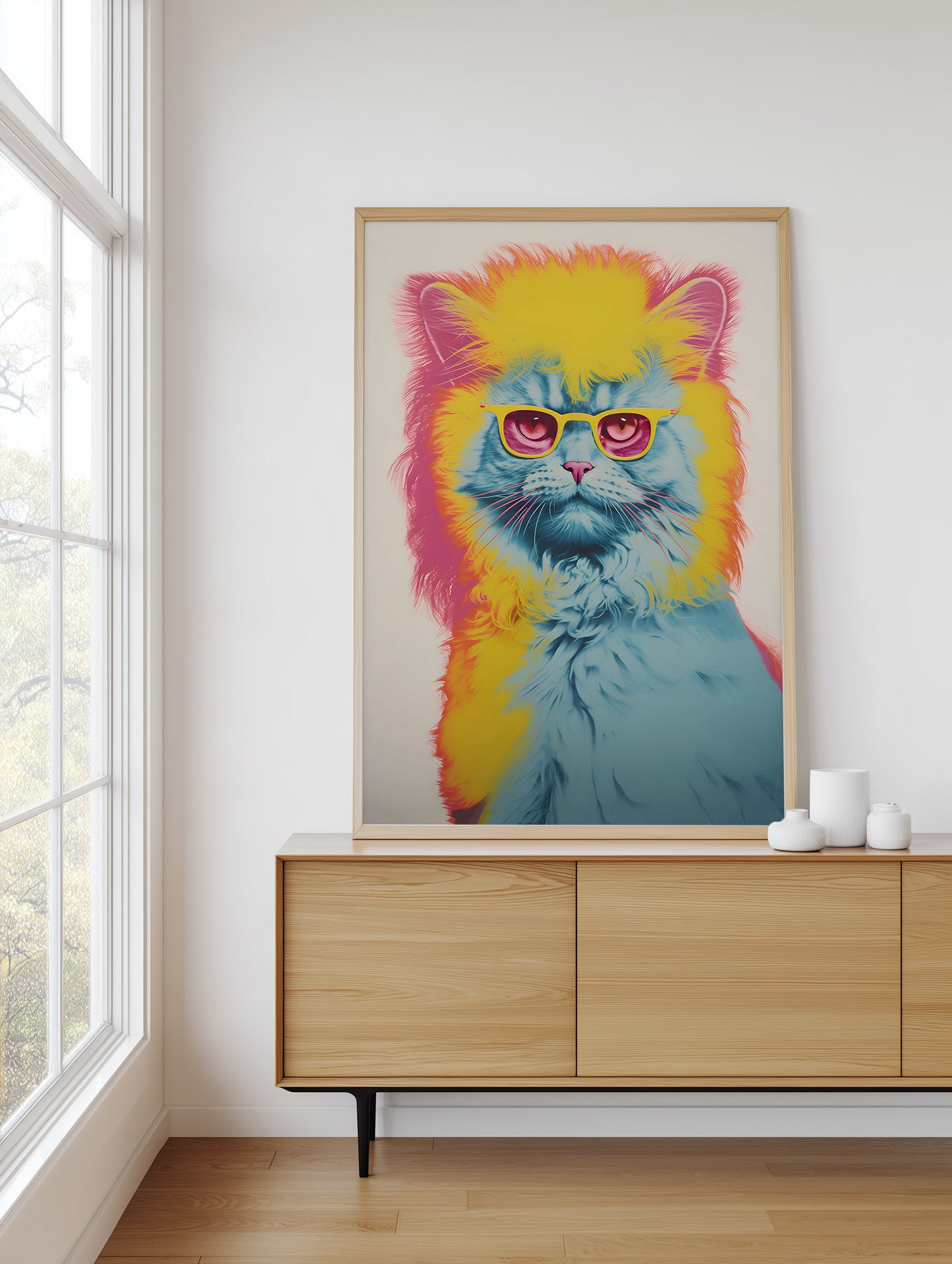 A framed art print of a colorful, stylized cat with a yellow and blue fur pattern and pink glasses, displayed on a light wood sideboard in a bright room next to a window.