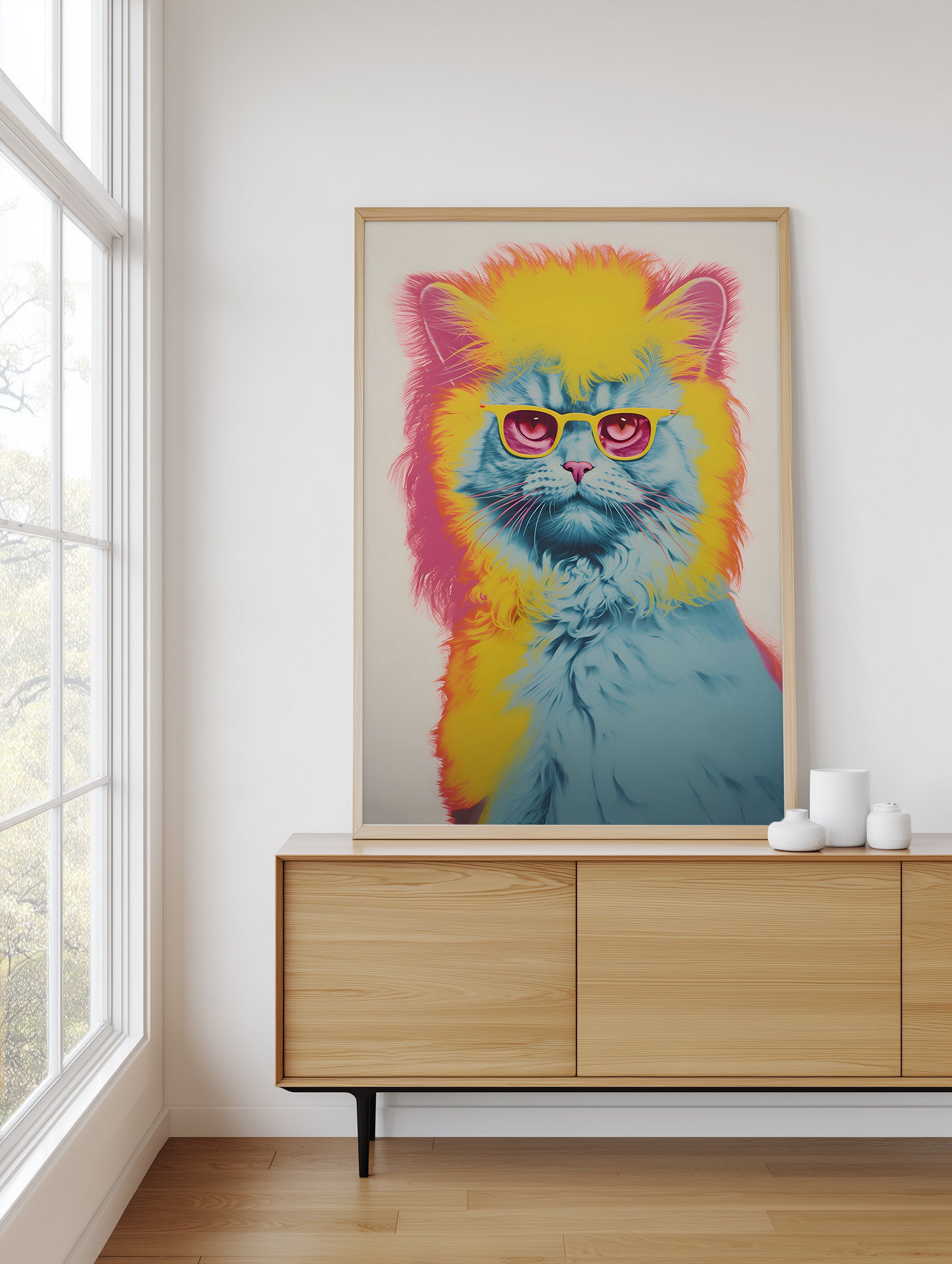 A framed art print of a colorful, stylized cat with a yellow and blue fur pattern and pink glasses, displayed on a light wood sideboard in a bright room next to a window.