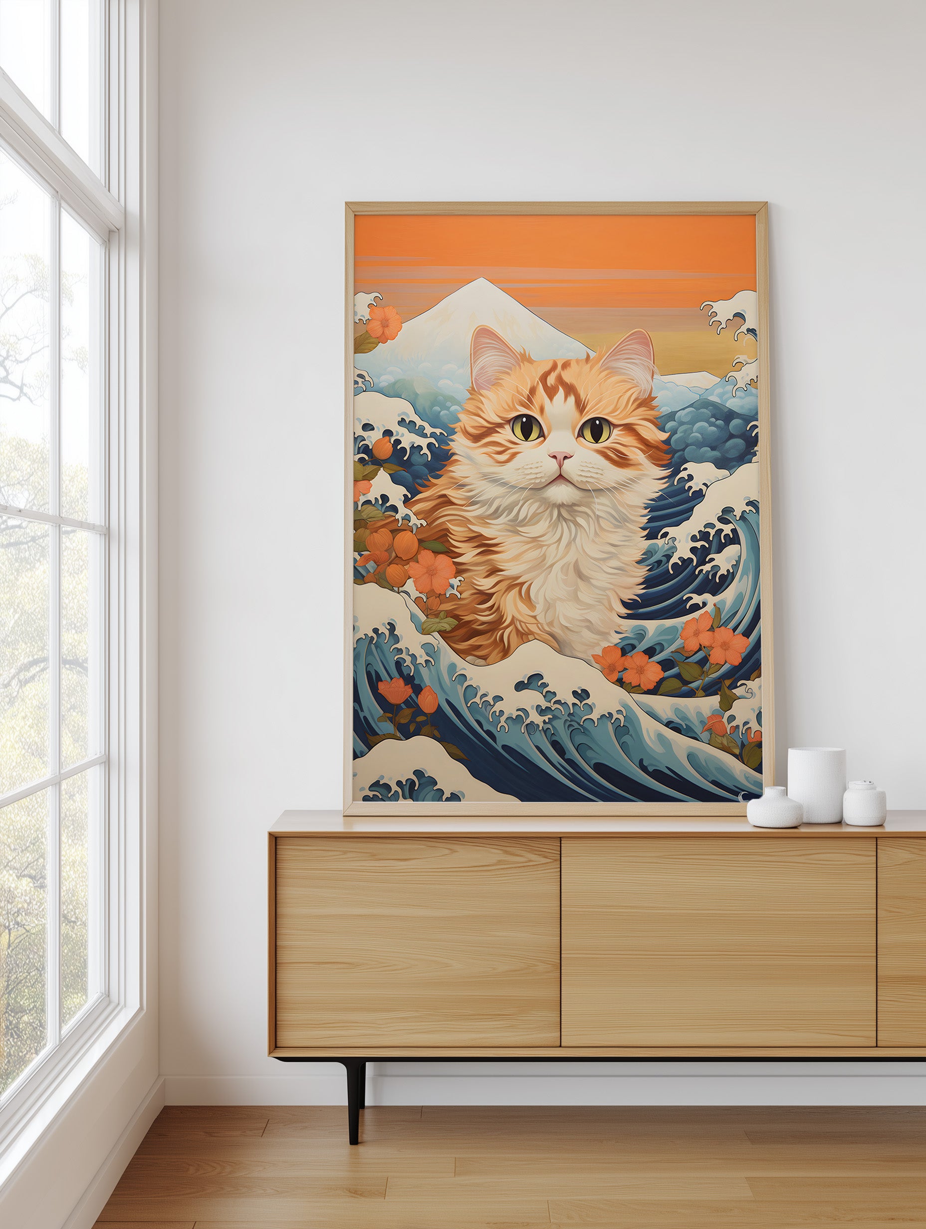 A framed art print featuring a stylized orange tabby cat in a Japanese wave painting design, displayed on a light wood sideboard in a bright room next to a window.