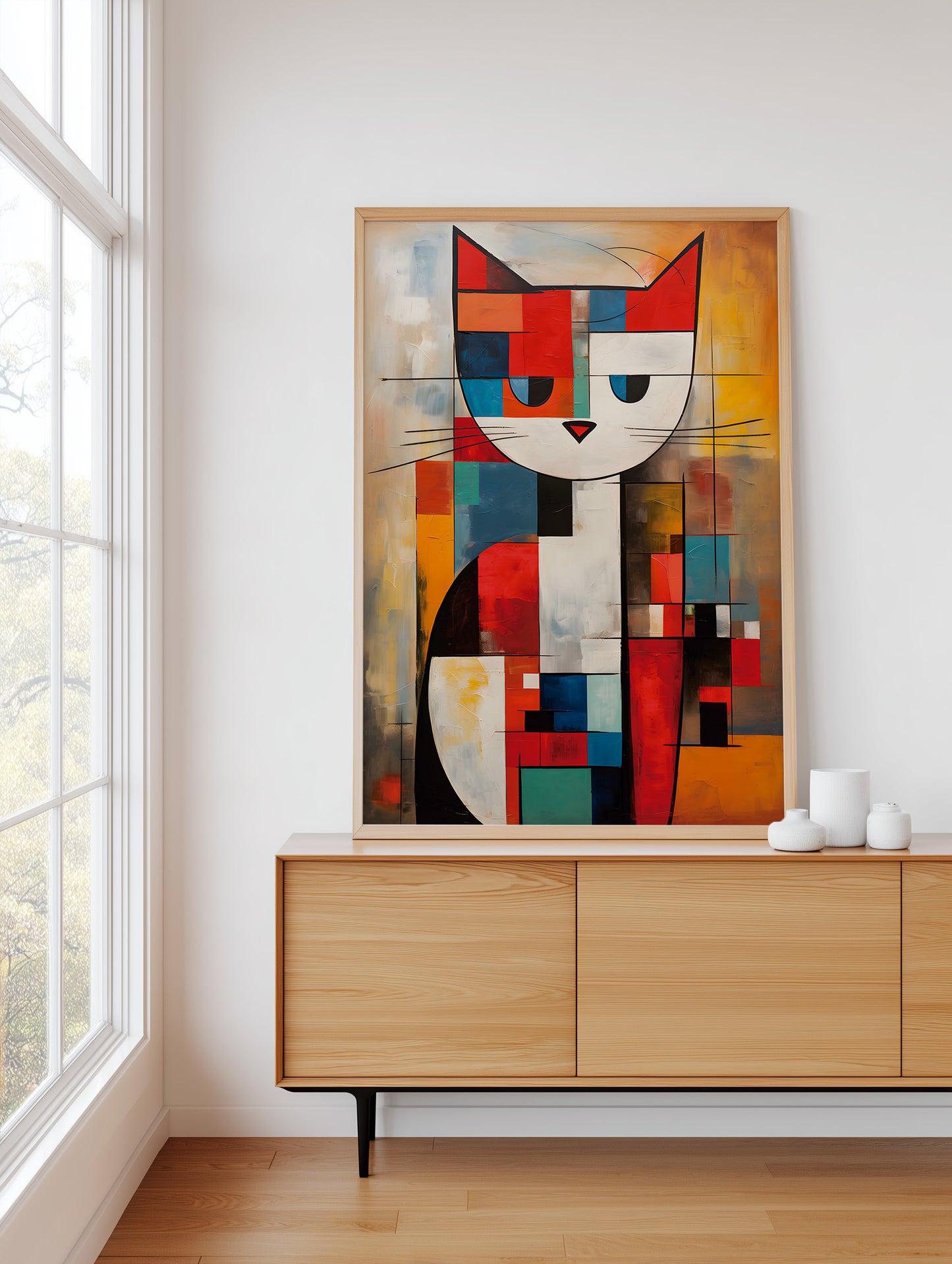 A framed abstract cubist-style cat painting in a warm multicolor palette of red, blue, yellow, black, and white, displayed on a light wood sideboard in a bright, modern room next to a window.