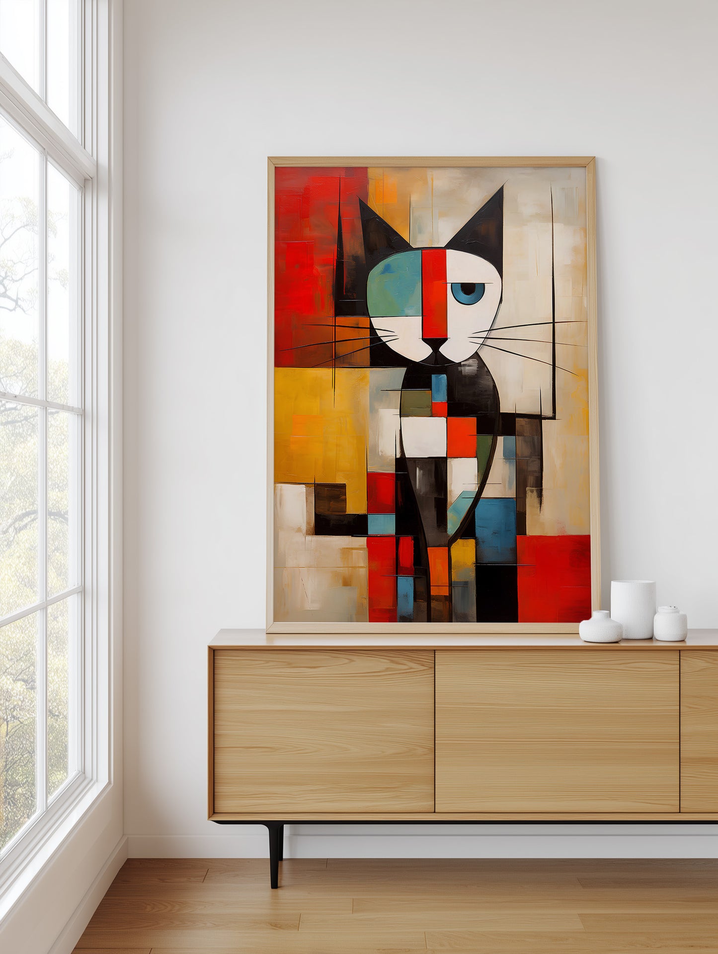 A framed abstract geometric cat painting in a light wood frame, displayed on a light wood console table in a bright room next to a window.