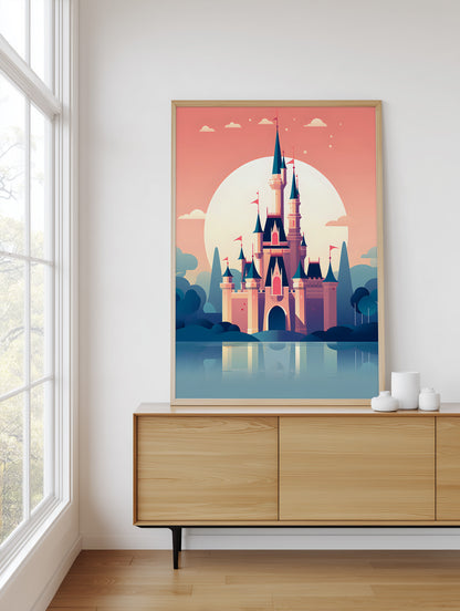 A framed art print of a whimsical castle in a sunset landscape, styled on a light wood console table in a modern room next to a window.