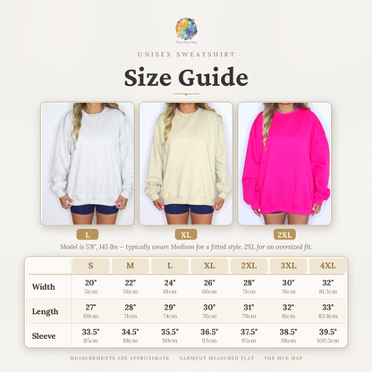 A size guide infographic for a unisex sweatshirt, showing three model photos from L to 2XL and a measurement table below with width, length, and sleeve measurements in centimeters.