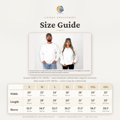 A size guide infographic for Unisex Sweatshirt, showing a model wearing a white sweatshirt in the center and a detailed size table below with measurements for S through 4XL in width, length, and sleeve.
