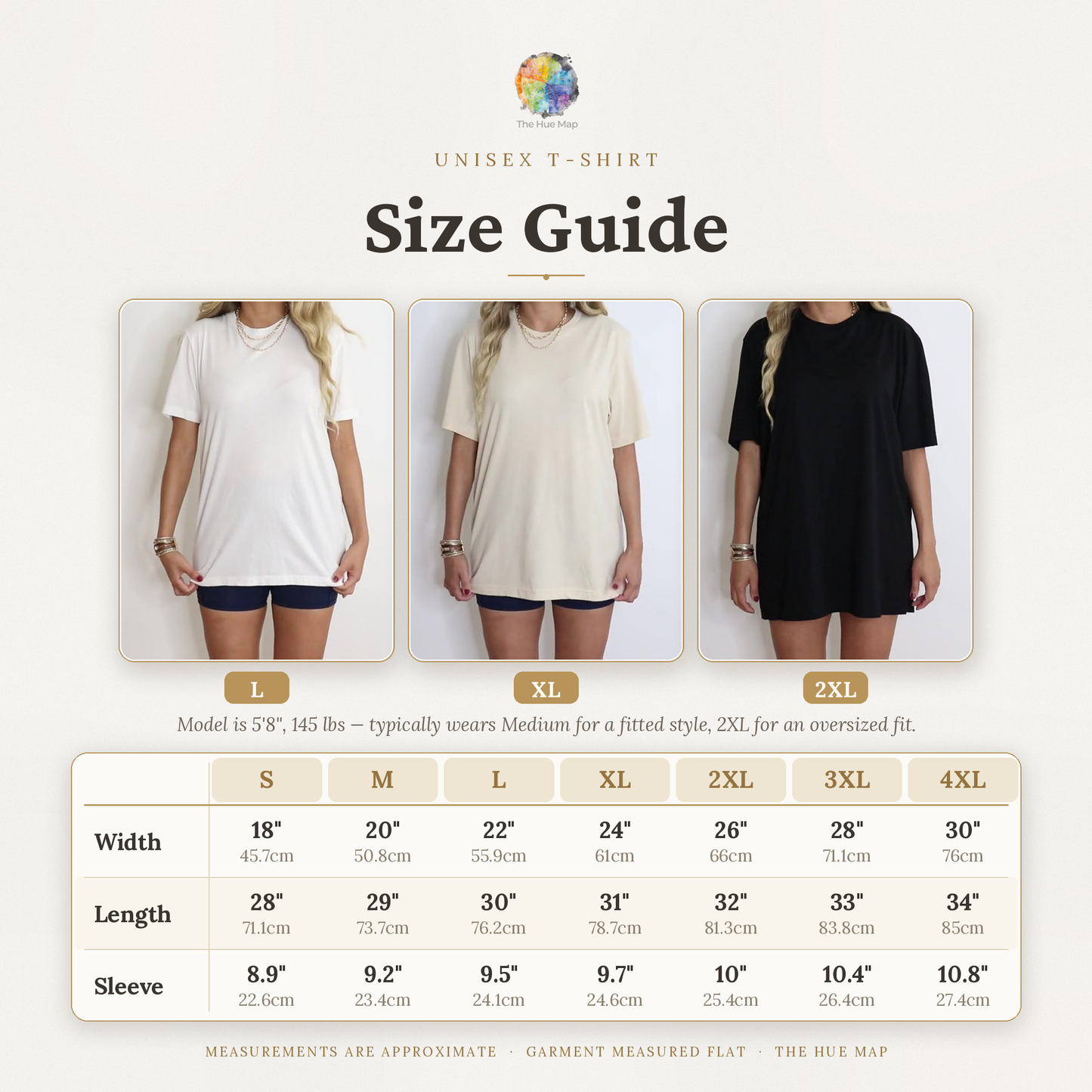Size guide infographic for a Unisex T-Shirt from The Huc Map, showing three models wearing the shirt in small, medium, and large sizes (S, M, L, 2XL, 3XL, 4XL) with a detailed measurement table below.