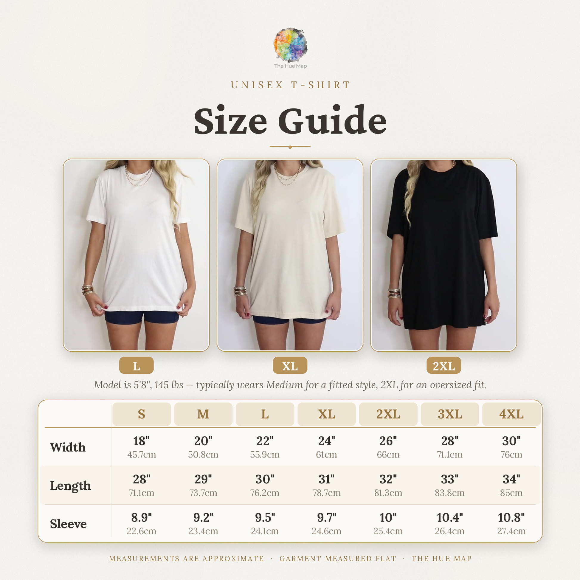 Size guide infographic for a Unisex T-Shirt from The Huc Map, showing three models wearing the shirt in small, medium, and large sizes (S, M, L, 2XL, 3XL, 4XL) with a detailed measurement table below.
