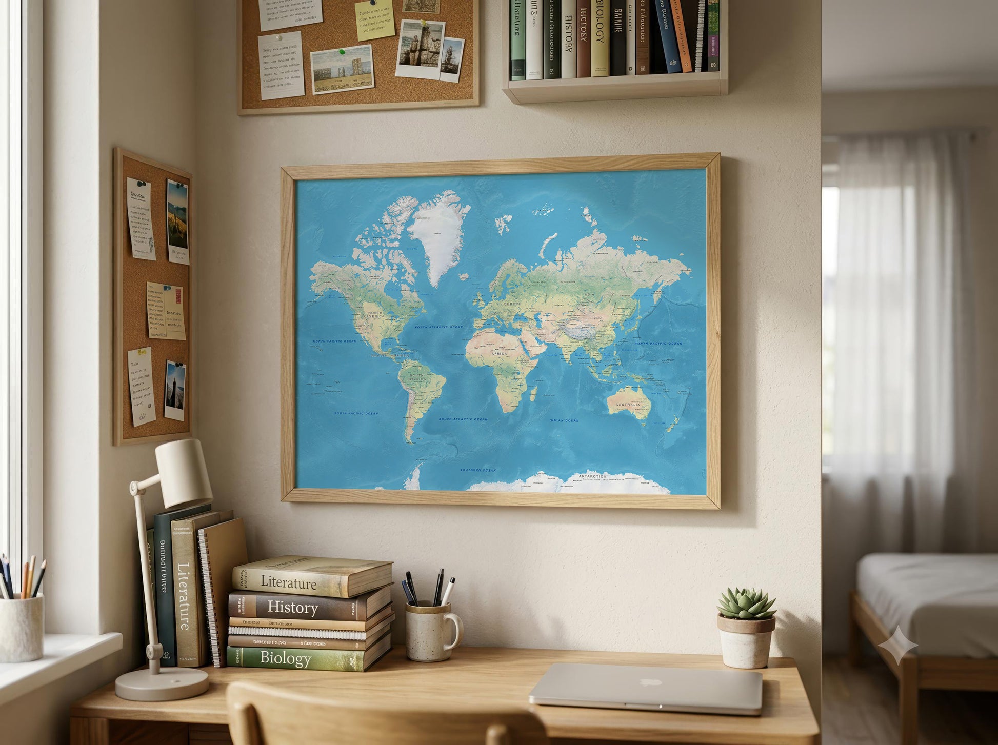 A framed world map with blue oceans and light beige continents hanging on a beige wall in a bright, modern bedroom or study. Below the map is a wooden desk with books, a lamp, a laptop, and a small succulent.