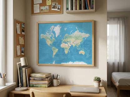 A framed world map with blue oceans and light beige continents hanging on a beige wall in a bright, modern bedroom or study. Below the map is a wooden desk with books, a lamp, a laptop, and a small succulent.