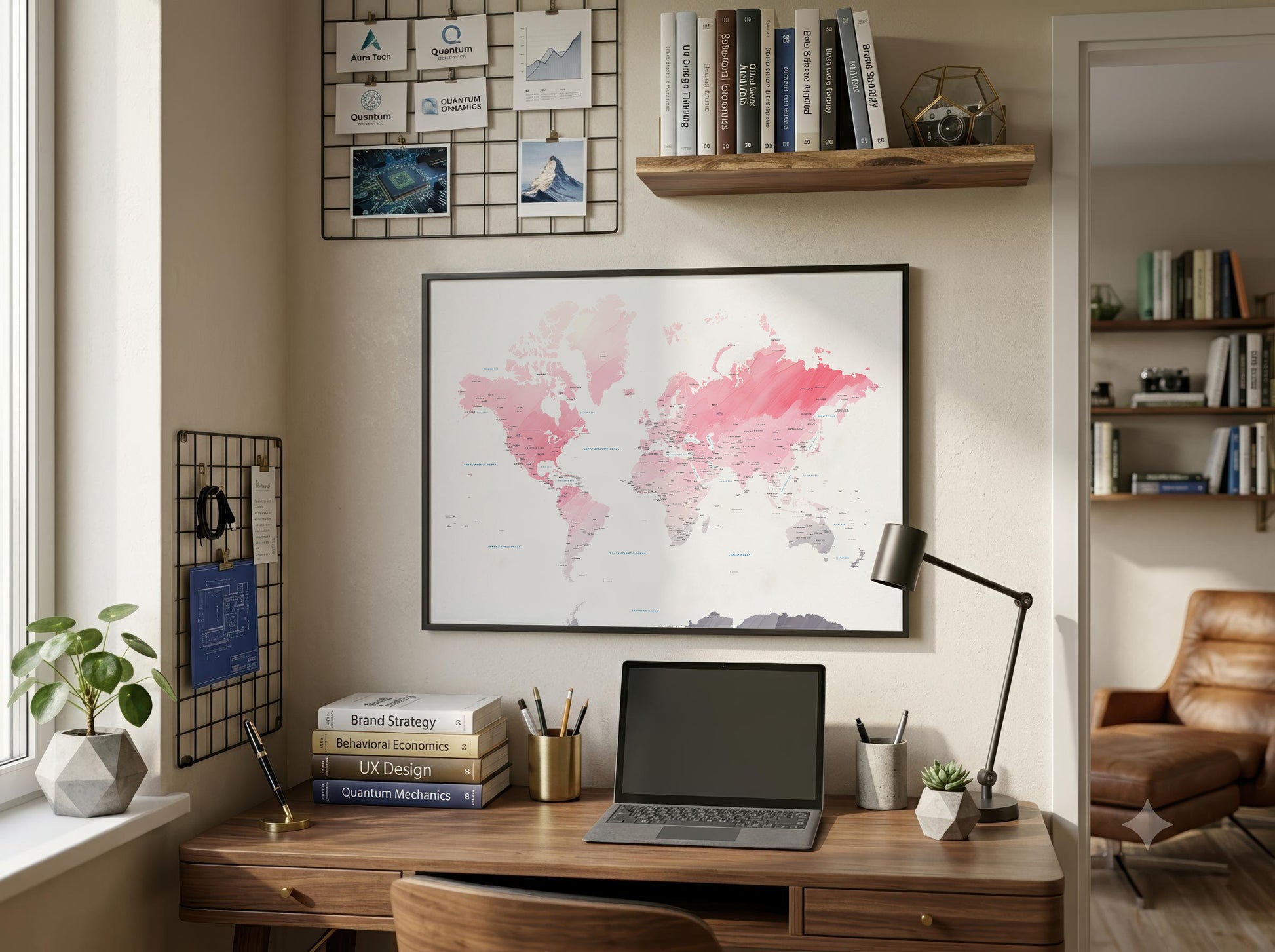 A framed world map poster with pink watercolor continents hanging on a beige wall above a wooden desk in a styled home office setting.