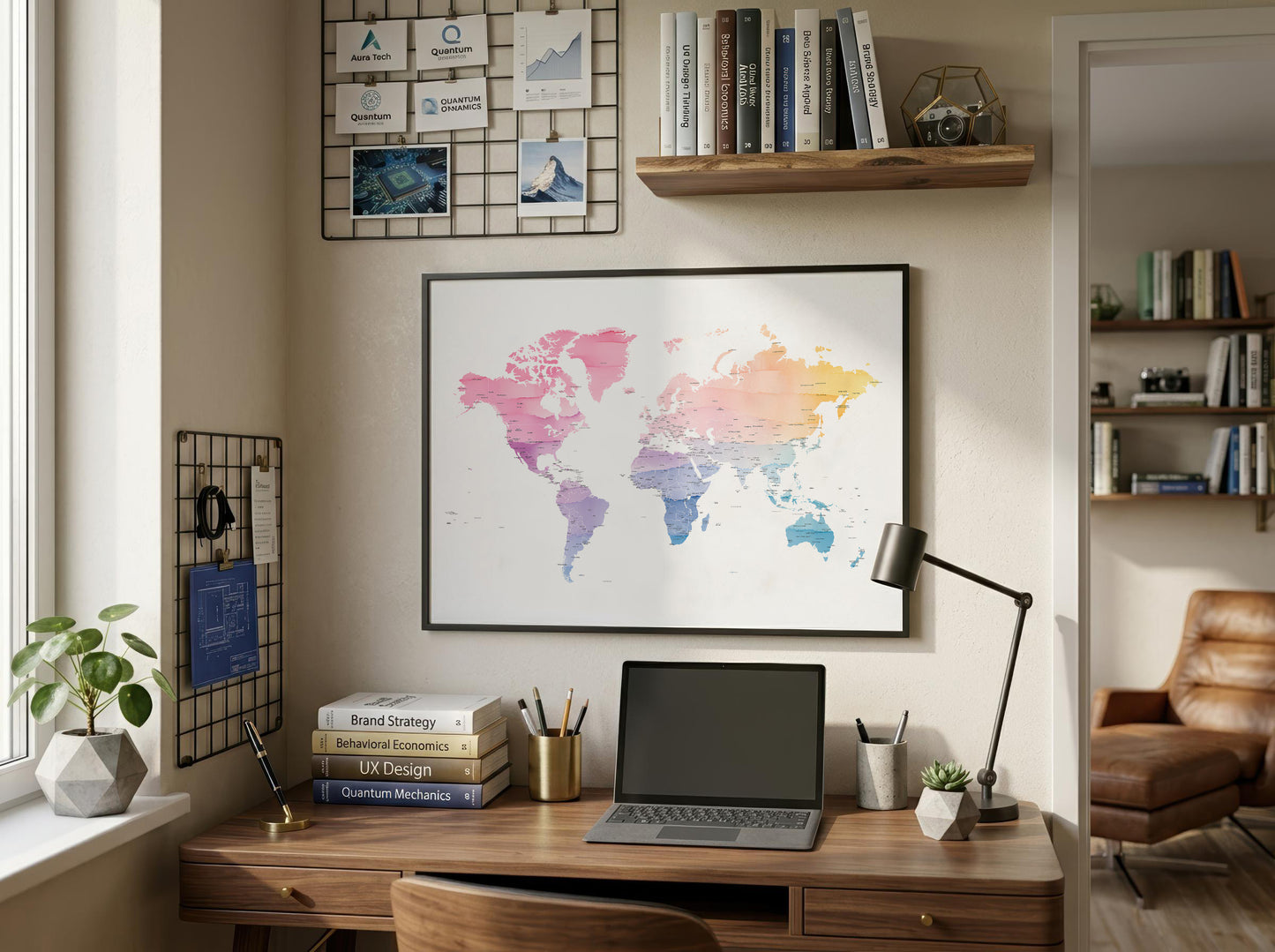 A framed world map poster with a colorful watercolor design hangs on a beige wall above a wooden desk in a styled home office setting.