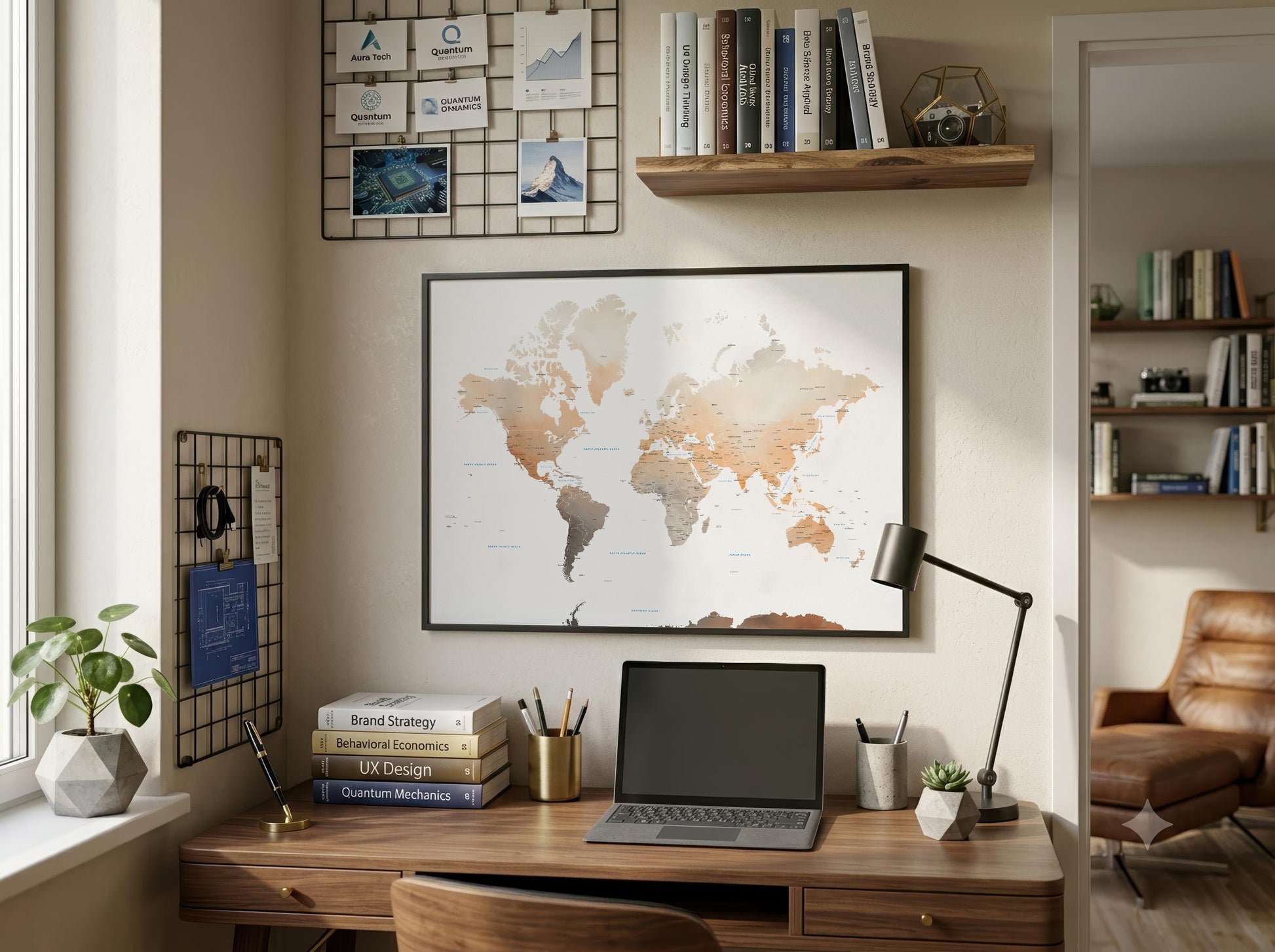 A framed world map poster with a watercolor-style design in muted beige, brown, and gray tones, displayed on a wall above a wooden desk in a styled home office setting.