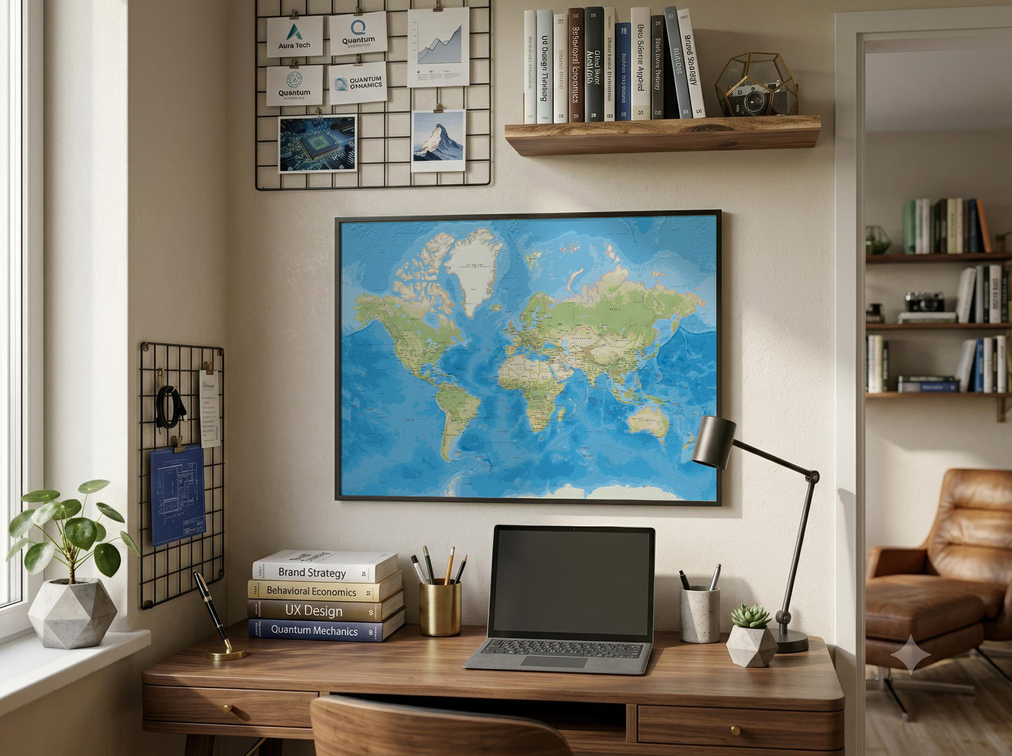 A framed world map poster hangs on a beige wall above a wooden desk in a styled home office setting. The room includes a laptop, desk lamp, books, plants, shelves, and a leather chair visible in the background.
