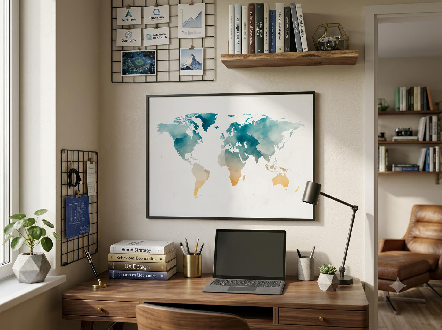 A framed world map art print with teal and gold watercolor continents hanging on a beige wall above a wooden desk in a styled home office setting.