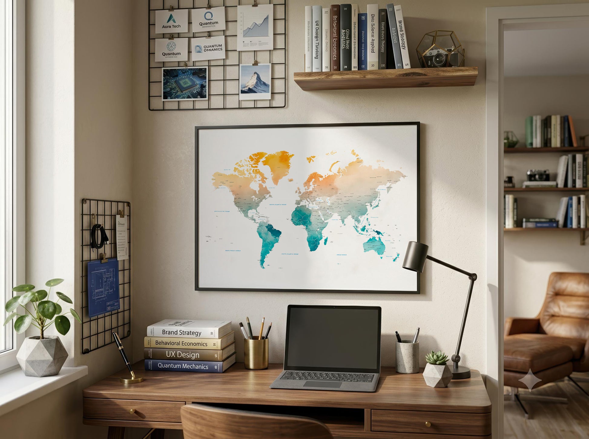 A framed world map poster with a colorful watercolor design hangs on a beige wall above a wooden desk in a styled home office setting.