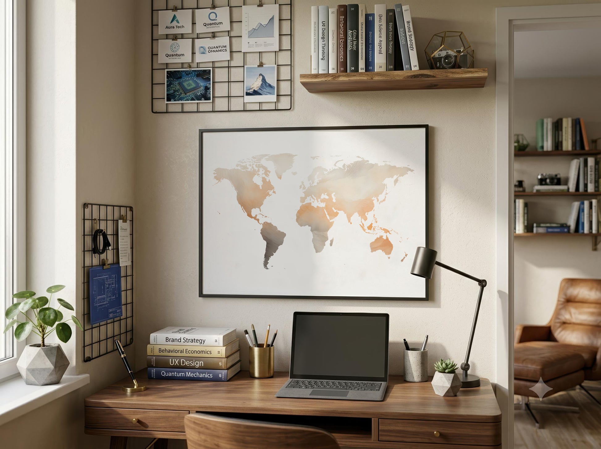 A framed world map poster with a minimalist beige and brown watercolor design hangs on a wall above a wooden desk in a modern home office setting.