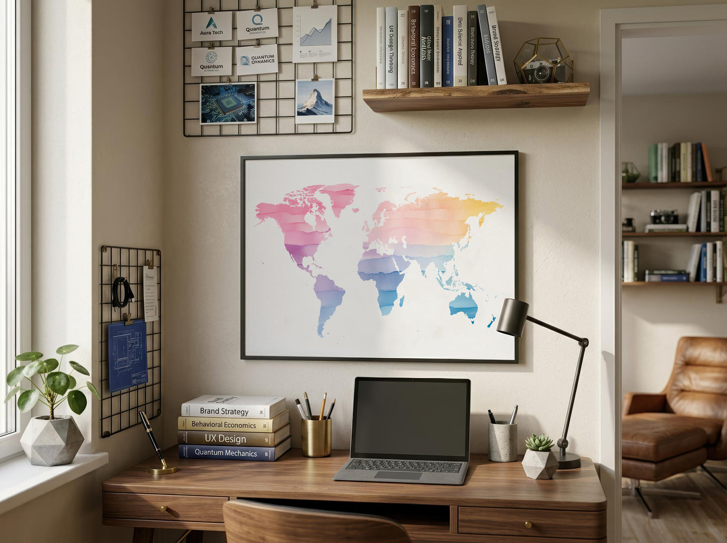 A framed world map poster with a colorful watercolor design hangs on a beige wall above a wooden desk in a styled home office setting.