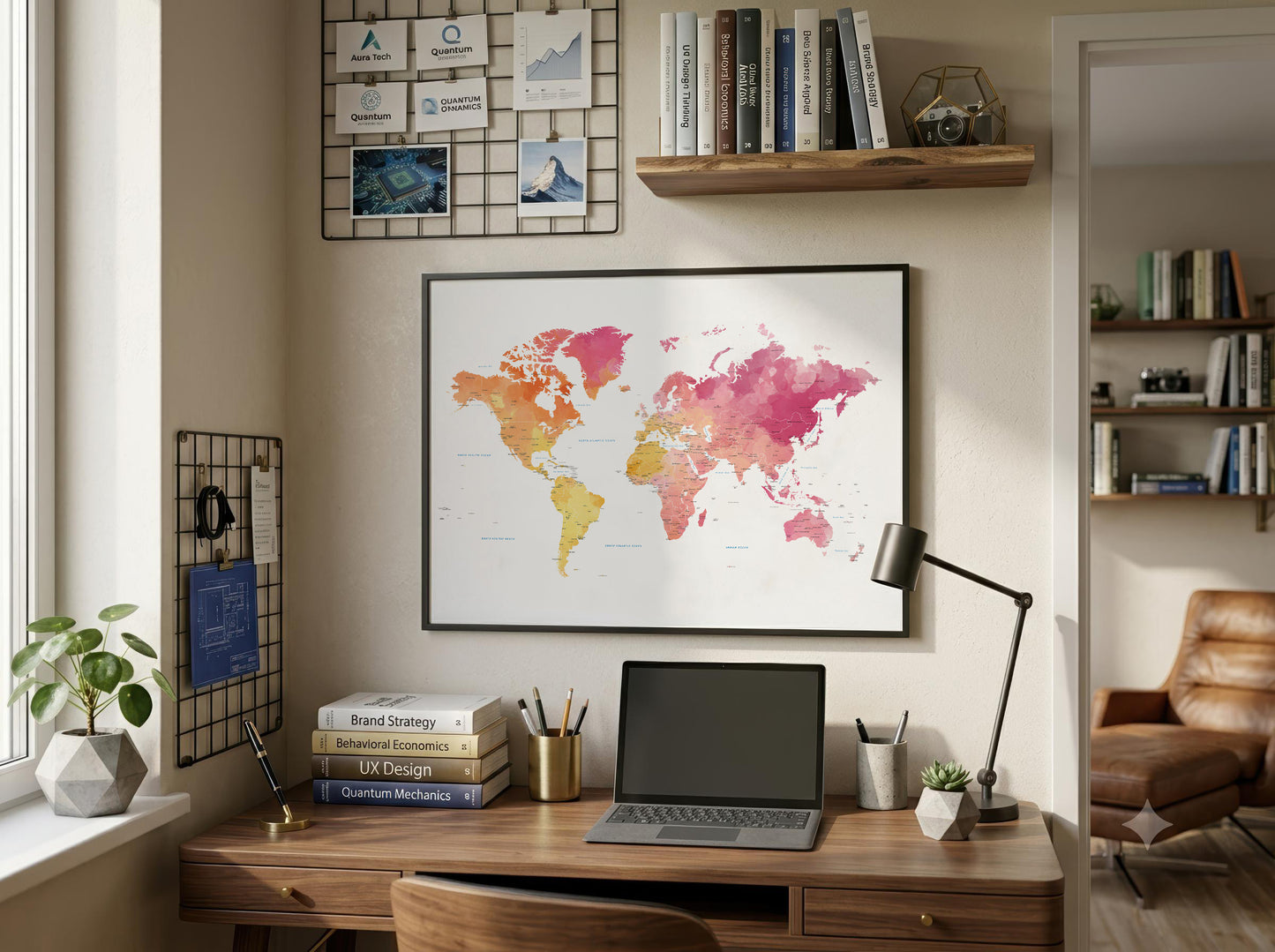 A framed world map poster with a colorful watercolor design hangs on a beige wall above a wooden desk in a styled home office setting.