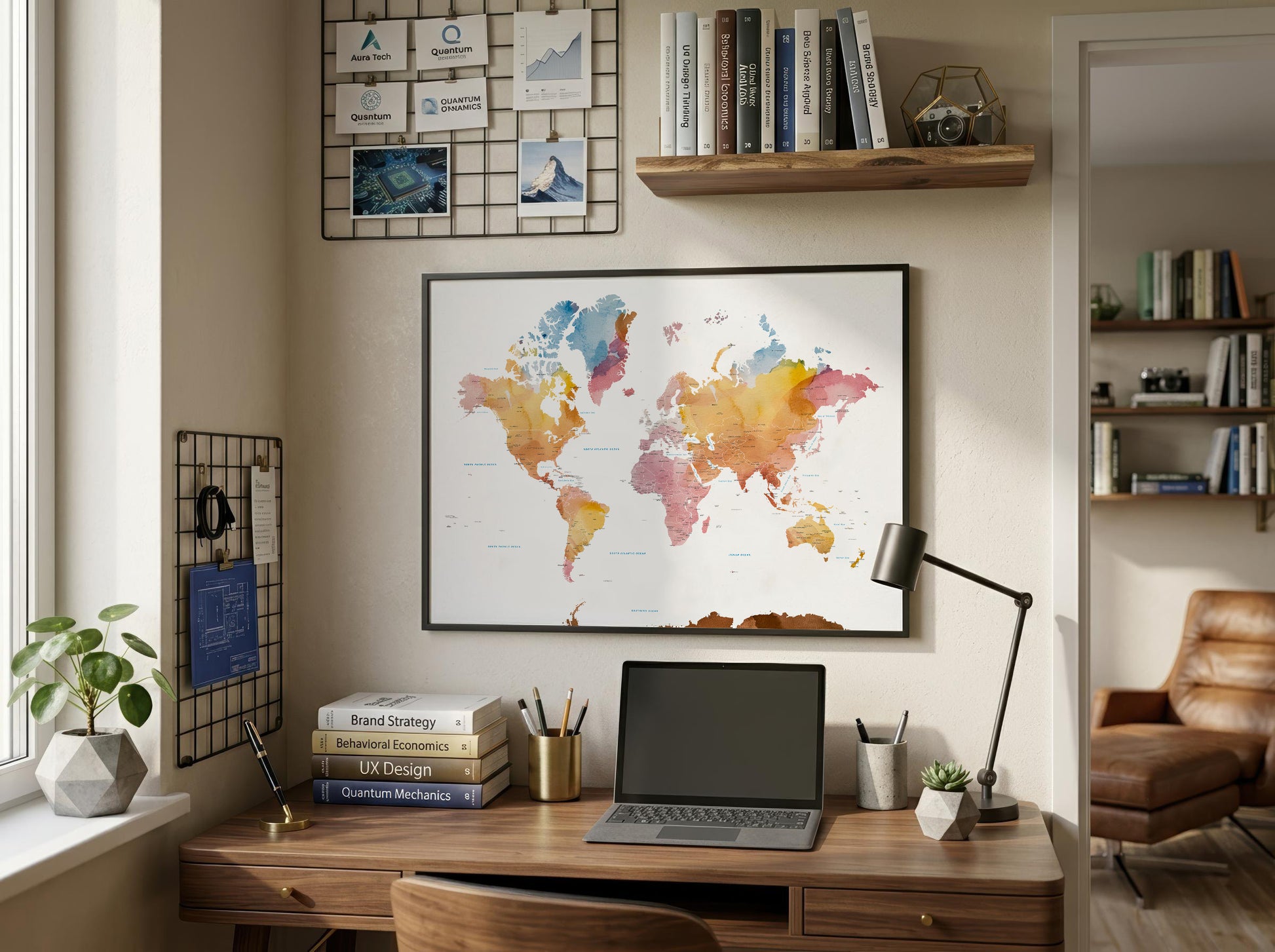 A framed world map poster with a colorful watercolor design hangs on a beige wall above a wooden desk in a styled home office setting.