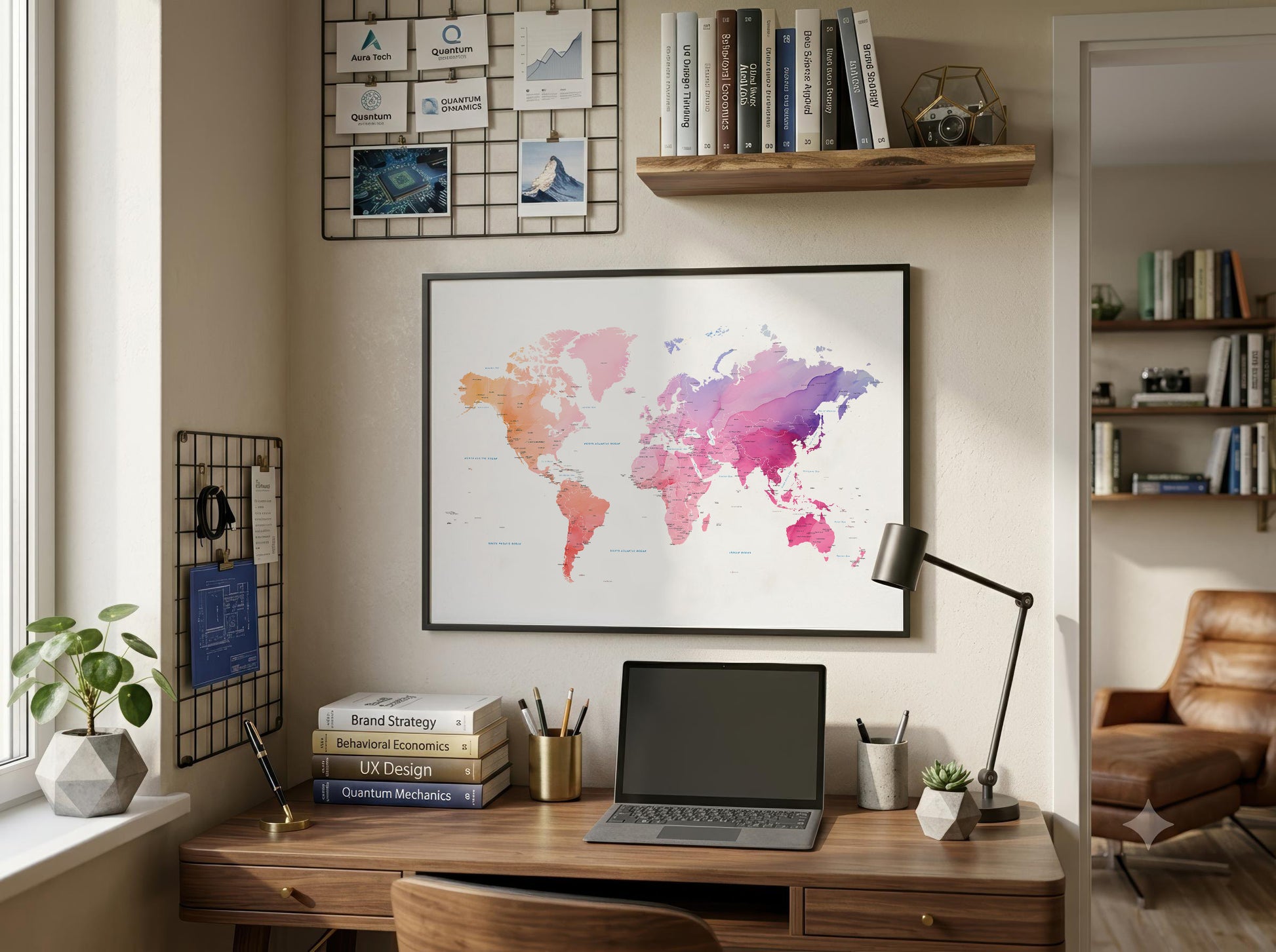 A framed world map poster with a colorful watercolor design hangs on a beige wall above a wooden desk in a styled home office setting.