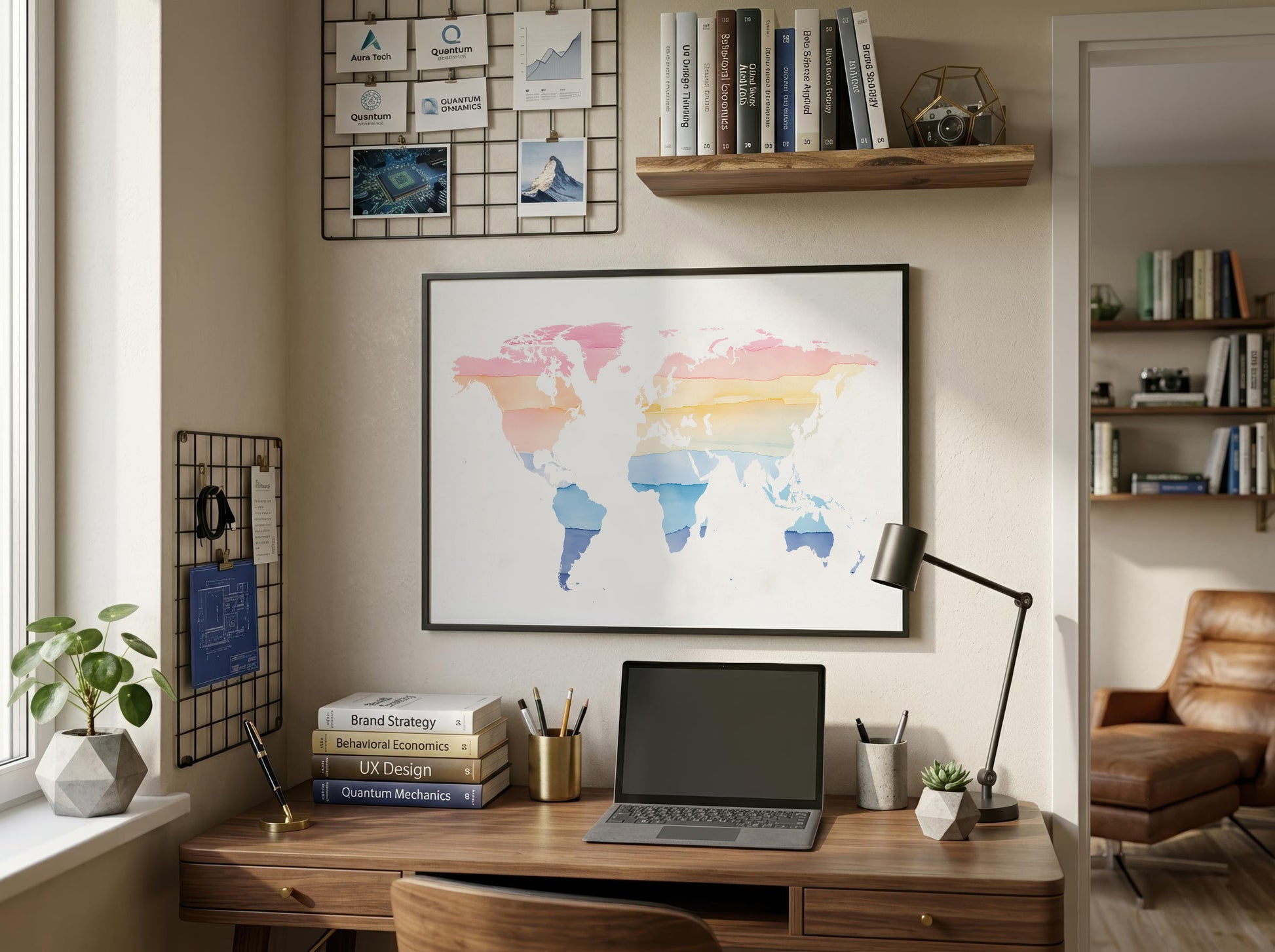 A framed world map poster with pastel-colored continents hangs on a beige wall above a wooden desk in a styled home office setting with a laptop, lamp, and plants.