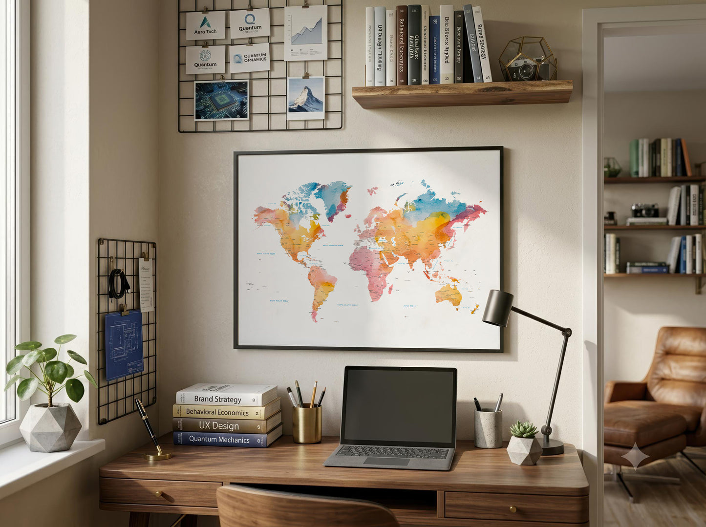 A framed world map poster with colorful watercolor-style continents hangs on a beige wall above a wooden desk in a styled home office setting.